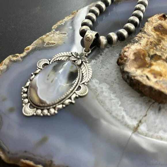 Sterling Southwestern Style Oval Moss Agate Tube Decorated Pendant For Women